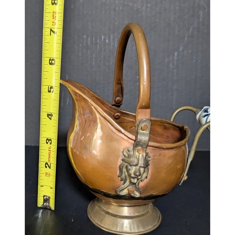 Vintage MCM Copper & Brass Coal Scuttle Lion Mounts Delft-Style Ceramic Handle